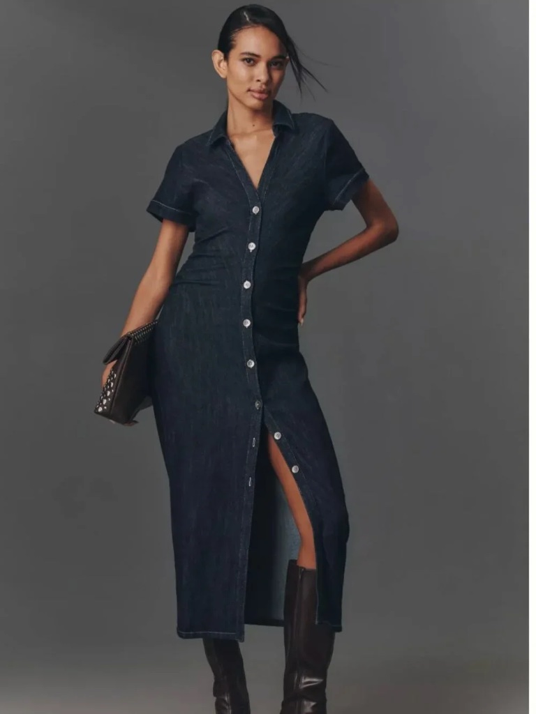 Anthropologie Greer Denim Midi Shirtdress By Pilcro In Midnight Wash Denim
